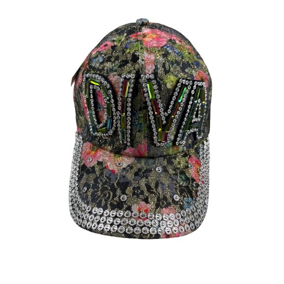 Colorful Diva Floral Bling Cap Adjustable By Bjorca  Rhinestone Accents Sparkly - Picture 1 of 6